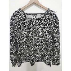 Ophelia Roe Womens 2X Leopard‎ Print Long Sleeve Keyhole Back Blouse Black White